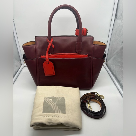 REED KRAKOFF Mini Atlantique Burgundy Red Orange Colorblock Leather Satchel Tote - Picture 3 of 17